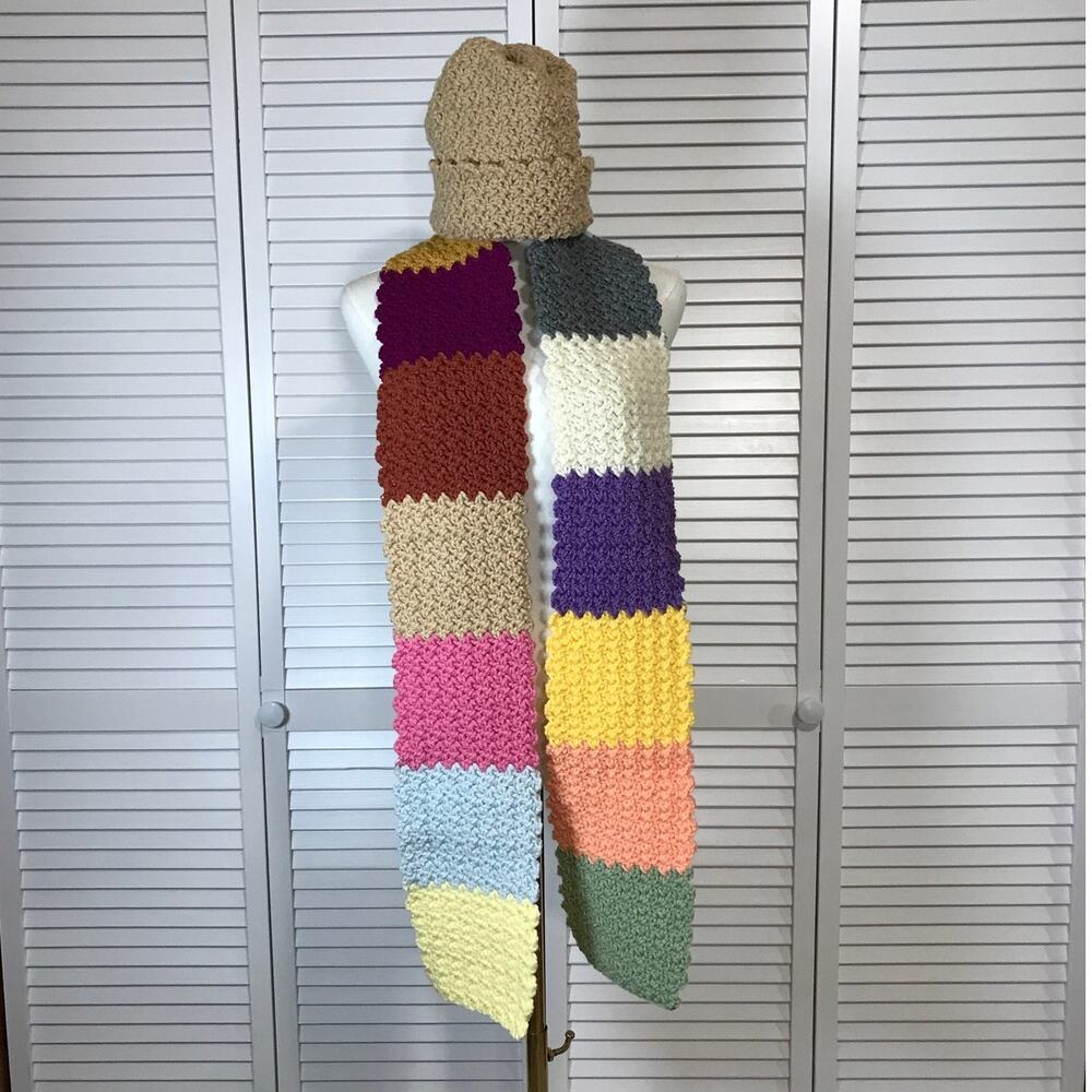 NWT Handmade Crochet Textured Winter Patchwork Scarf 72” & Tan Beanie
